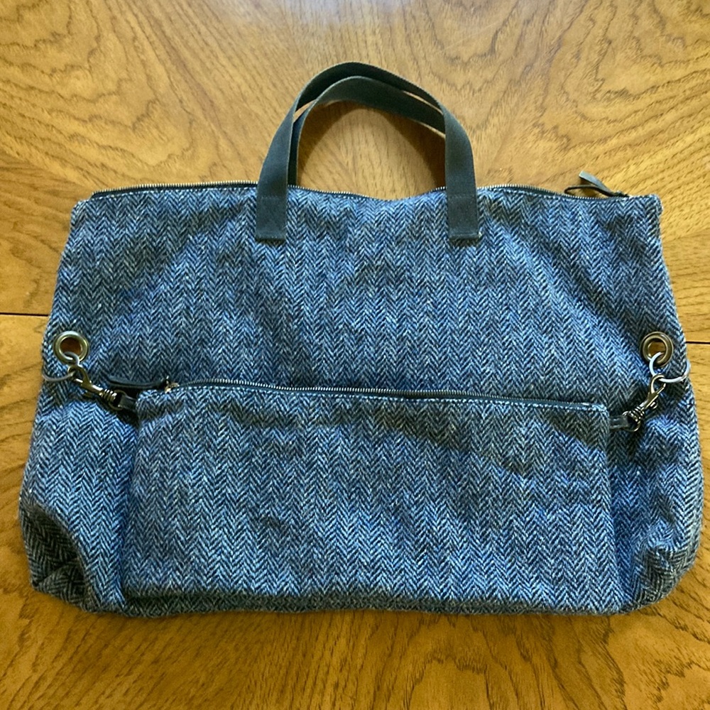 Super Rare and unique Miu Miu blue wool hand tote with outside zip pouch.